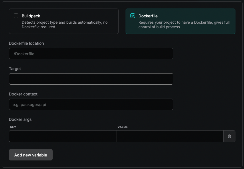 Dockerfile build settings